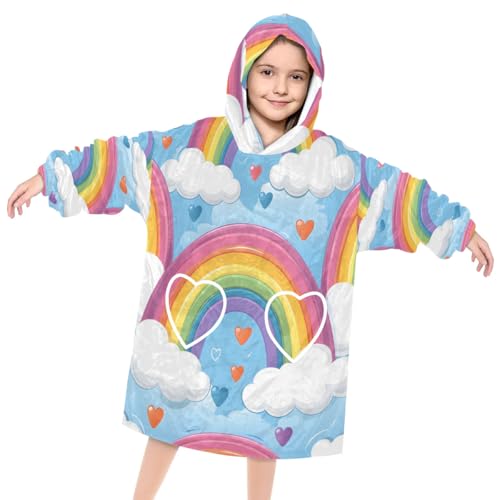 Wearable Blanket Hoodie for Kids, Clouds Rainbow Fleece Sweatshirt Blanket Oversized Blanket Sweatshirt with Pocket Flannel Warm Hooded Blanket 6-10 Year Old Girl Boy Gift, One Size