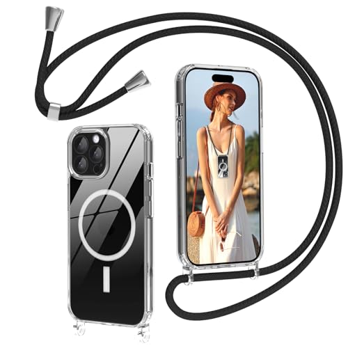 VooDirop Custodia Con Cinturino Per IPhone 16 Pro – Cover In Silicone Magnetico MagSafe, Cordino Regolabile Da 80 A 145 Cm, Nero