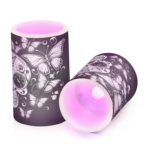 ALAZA Butterflies Skull Flickering Flameless Candles Battery Operated with Remote Timer,Tea Light Candles LED Pillar Votive Candles Set of 2 for Outdoor Indoor Decorations