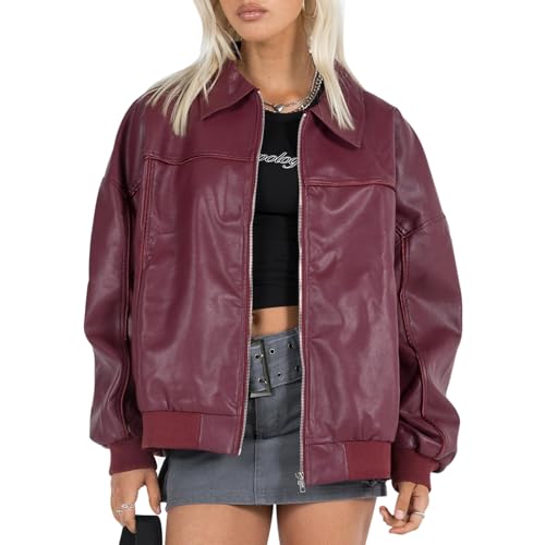 Felcia Damen Lederjacken, lässig, lange Ärmel, Reißverschluss, Motorradjacke, PU, Moto Varsity, Bomberjacken mit Taschen, Streetwear (B-Red, S), B-Rot, S