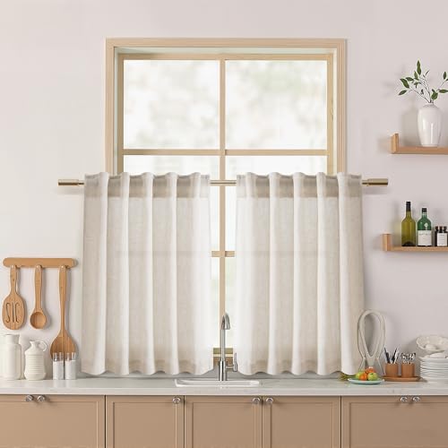 Image of Nanspring Beige Farmhouse Curtains 30 Inch Length for Kitchen Linen Blend Semi Sheer Curtains Back Tab and Rod Pocket Rustic Farmhouse Decor for Cafe Small Window Curtain 36 x 30 Inch, 2 Panels