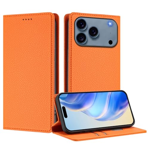 IMIRST Wallet Case for iPhone 17 Pro Max, PU Leather Folio Magnetic RFID Blocking Kickstand Protective Flip Cover Shockproof TPU Inner Shell Compatible with Apple iPhone 17 Pro Max, LZW Orange