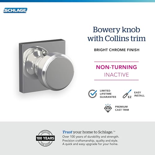 Image of Schlage F170 BWE 625 COL Bowery Knob with Collins Trim Non-Turning Dummy Door Handle, Bright Chrome