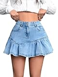 BEAUDRM Women's High Waist Mini Denim Skirt Button Front Ruffle Hem A-Line Short Jean Skirts Light Wash Small