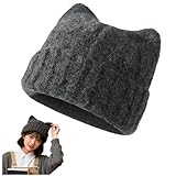 [Ｑｚｋｏｕｍａ] レディース ニット帽 猫耳 ビーニー 厚手 防寒 帽子 小顔効果 秋冬 保温 暖かい 可愛い MEWD-14 (JP, アルファベット, Free Size, グレー)