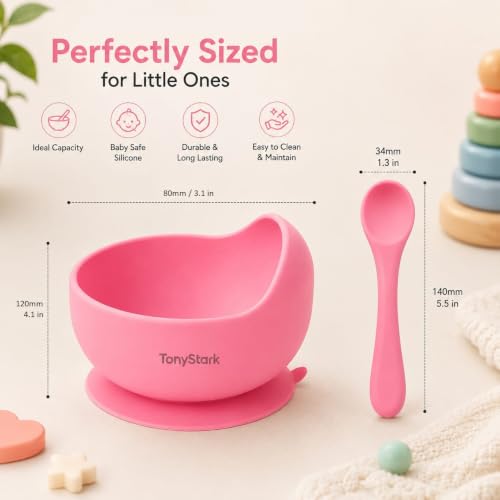 Image of TONY STARK Silicone Unbreakable Baby Bowl & Handle Spoon - Suction Design, Non-Slip, BPA Free, Dishwasher & Microwave Safe (Pink, 1 Set)