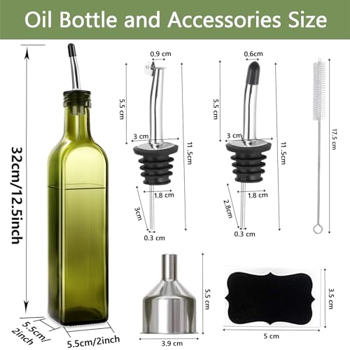 Olive Oil Dispenser Bottle, 2 Pcs Glass Olive Oil Dispenser and Vinegar Dispenser Set with 2 Stainless Steel Pourers, 4 Labels,1 Brush and 1 Funnel Oil Bottles for Kitchen (500ml)