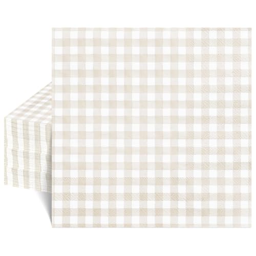 NatNarr 80 Pcs Gingham Napkins 6.5X6.5 Inch Light Brown Napkins Disposable Beige and White Plaid Napkin for Bridal Baby Shower Wedding Picnic