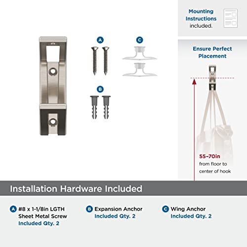 Image of Amerock Avid Double Prong Satin Nickel Wall-Mounted Hook | Decorative wall hook in durable zinc construction for coats, hats, bags, towels, and everyday organization
