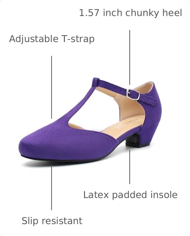 Image of MAIERNISI JESSI Women's T-Strap Mary Jane Pumps, Low Block Heel, Closed Toe, Buckle Ankle Strap