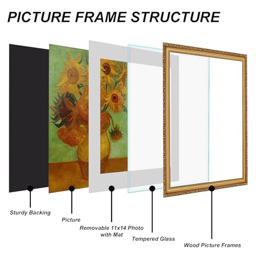 Image of 16x20 Frames Gold Wood 16x20 Picture Frames for Wall | Real Glass, Matted 11x14 or 16 x 20 Photos, Easy Photo Changes, Wall Hanging
