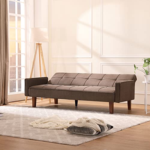 Anwickhomk 72" Convertible Folding Sofa Bed Futon,Modern Linen Fabric Sleeper Loveseat With 2 Pillows & Solid Wood Legs,Small Couch Bed Recliner Sofa For Living Room Apartment Office (Brown) #TOP5