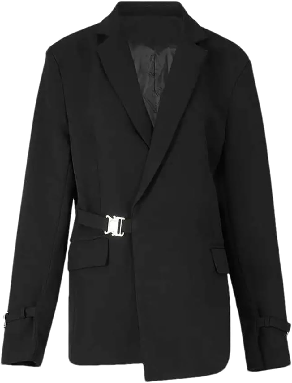 Large Women Black Blazer Metal Buckle Casual Irregular Lapel Long Sleeve Jacket Loose Coat