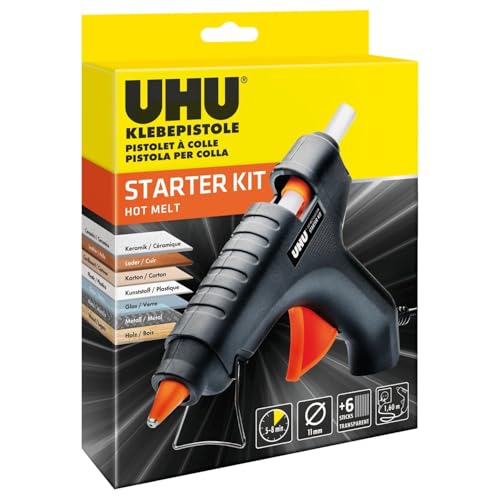 UHU Heißklebepistole Starter Kit inkl. 6 transparente Klebesticks 11 mm schnell einsatzbereit in 58 Min. für Holz Metall Glas Textilien & mehr