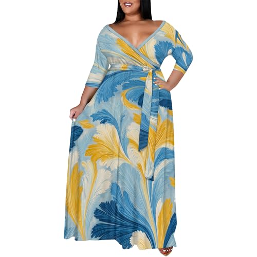 Image of SUZONANA Plus Size Maxi Dresses for Curcy Women Casual Loose 3 /4 Sleeve Long Dress with Belt