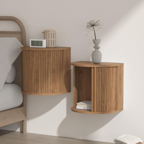 Pusnapku Wall-Mounted Nightstand Set of 2, Curved Floating Nightstand with Fluted Sliding Roller Shutter Door Design,Space-Saving, Suitable for Small Space Bedrooms (Floating Nightstand-Walnut-05)