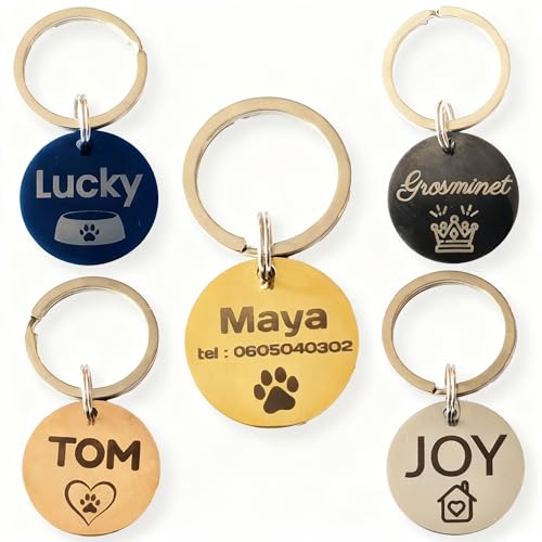 KDO 3D Médaille personnalisée chien & chat ronde 30 mm – Acier inoxydable épais 1,7 mm, gravure laser recto-verso durable – 5 couleurs (bleu, noir, argent, or, or rose) – Anneau 30 mm ultra-résistant