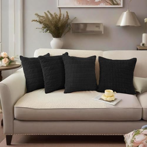 Hibate 4 Pack Black Corduroy Decorative Boho Couch Throw Pillow