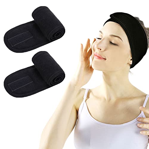 LADESDiadema facial Spa - 2 piezas de maquillaje ducha baño envoltura deportiva diadema de rizo toalla elástica ajustable con cinta mágica, Negro + negro Cover