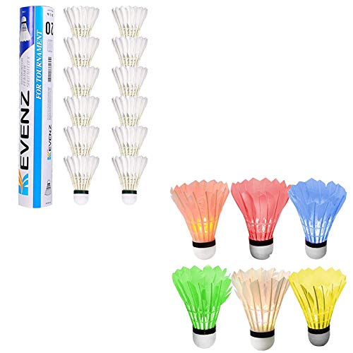 KEVENZ Goose Feather Badminton Birdie with Great Stability and Durability, 12 Pack of White and 6 Pack of Multicolor