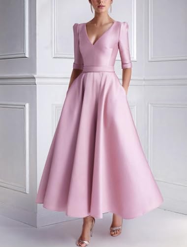 A-Line Wedding Guest Dress Elegant Dress Formal Semi-Formal Tea Length Half Sleeve V Neck Satin with Pocket 20242