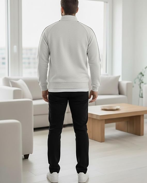 Image of Men's Quarter Zip Pullover Sweater with Contrast Stripe, Long Sleeve Athletic Casual Sweatshirt for Winter Wear, Black
