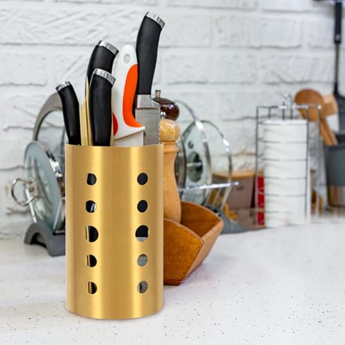 Gold Stainless Steel Utensil Holder 3.93x6.9 inch – Flatware Cylinder Draining Organizer & Drying Rack Caddy Basket for Kitchen Counter with Round Drain Holes, Stand for Fork, Knive, Spoon, Chopstick - Thumbnail 4