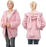 acdiac Fluffy Kawaii Pink Bunny Hoodie With Ears Tail For Women,Animal Top Cute Fuzzy Rabbit Zip Up Jacket Winter Girl Sweet Sweater Coat (Pink-Bunny)