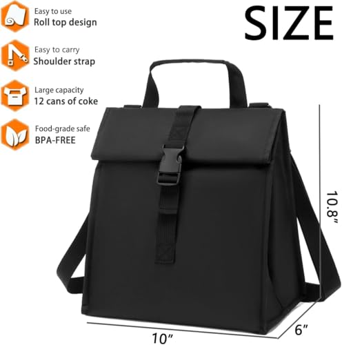 Image of Insulated Lunch Bag with Roll-Top Closure, Adjustable Shoulder Strap, Black, Multiple Colours Available (SQ)