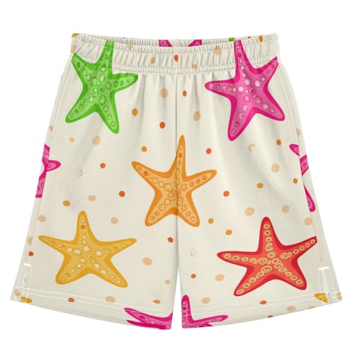 J JOYSAY Starfish Dotted Pale Yellow Boys Athletic Shorts Kids Youth Casual Shotrs with Elastic Waistband Pockets