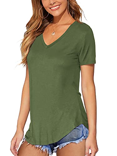 DittyandVibe Women Short Sleeve V Neck Curved Hem Tunic Tops T Shirts (Olive Green,L)