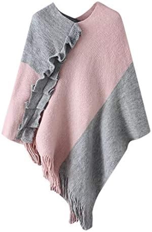 JESPER Women Cashmere Poncho Pullovers Sweater Cape Outerwear Ruffles Color Block with Fringe Pink