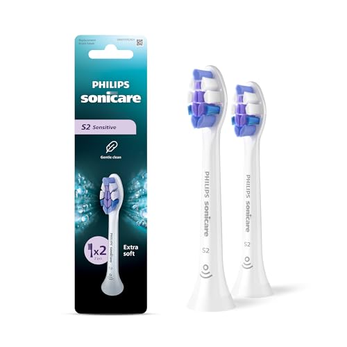 Philips Sonicare S2 Sensitive Genuine Replacement Electric Toothbrush Heads, 2 Pack, Sensitive Care, White, HX6052/14
