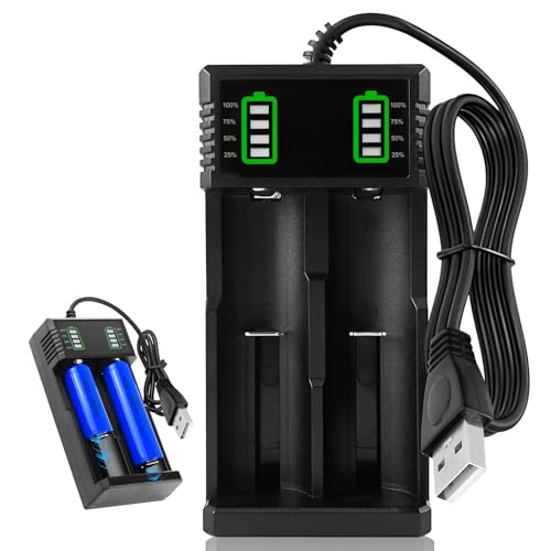 Cargador de Pilas Recargables 18650 Cargador Batería USB Inteligente Rápido 2 Ranuras Litio LCD para Li-Ion 18500 18490 18350 17650 17670 17500 22650 25500 22700 26650 14500 20700 21700 con Puerto USB