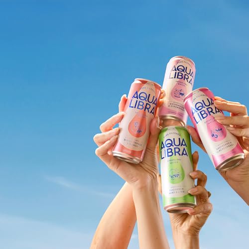 AQUA Libra Sparkling Water, Sugar Free Fruit Water, No Sugar, No Calories, Strawberry & Watermelon, 330 ml, Pack of 24 Cans