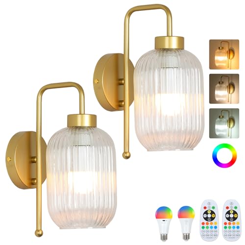 LAMSU Vintage Battery Operated Wall Sconces Set of 2, Wireless Wall Lights with Remote and Color Temperature Bulb, Gold Cordless Rechargeable Wall Lamps with Clear Glass Shade for Bedroom Living Room by LAMSU - Used condition - US$66.39