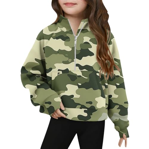 Girls Camouflage Stand Collar Sweatshirt Half Zip Loose Graphic Tee Tops Long Sleeve Pullover Casual T-Shirts for 5-14 Years