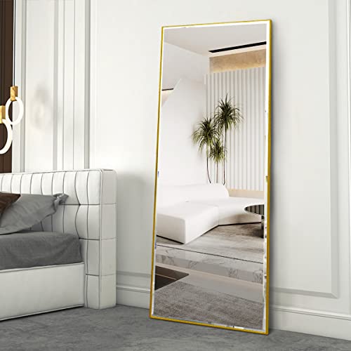OGCAU Full Length Mirror Floor Mirror with Standing or Hanging, Full Body Mirror, Standing Mirror, Beveled Polished Wall-Mounted Mirror, Wall Mirror for Bathroom, Vanity, Bedroom(Gold)