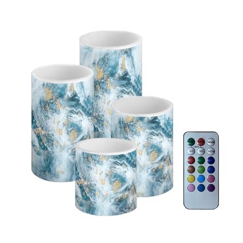 Image of Flameless LED Battery Candles Pack of 4 Waterproof Pillar Candles Tealights with 18-Key Timer Remote Colorful Lights for Indoor Outdoor Home Outdoor Wedding Decor, Blue Gold Marble
