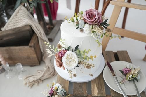 Decoración para pastel de boda con flores artificiales blancas y marrones miniatura 6