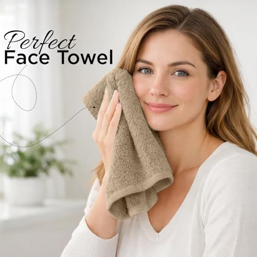 Image of DAN RIVER 12-Pack Premium 100% Cotton Tan Face Towels for Bathroom - Reusable Face Wash Cloths for Showering 12x12 Inches - 550 GSM Super Soft & Absorbent Luxury WashCloths for Body, Spa & Gym