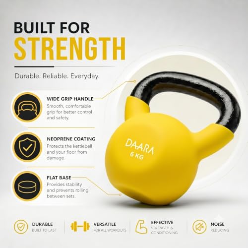 Image of DAARA Half Coating Neoprene Kettlebell, 6kg Yellow Cast Iron Kettle Bell with Non-Slip Grip Handle for Strength Training, Home Gym Workout Equipment for Men & Women (Proudly Made in India)