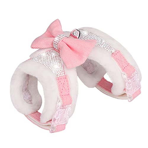 FUNAT Plush Chest Straps for Dogs Rhinestone Winter Dog Harness, Vest Bow Harness for Small Medium Dogs, Pink