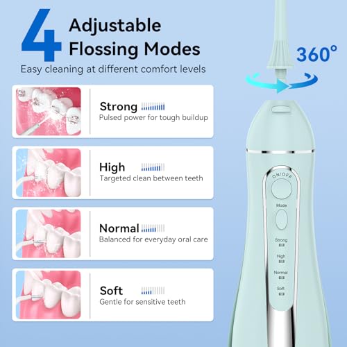 Cordless Water Flosser for Teeth, 300ML Rechargeable Portable Oral Irrigator with 4 Modes & 5 Jet Tips, IPX7 Waterproof Dental Pick for Braces Care, Home & Travel, Green — view 2