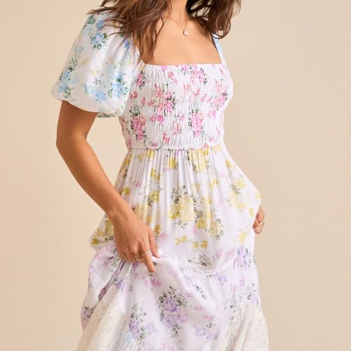 Women Patchwork Dress Y2k Floral Puff Short Sleeve Maxi Dress Summer Boho Smocked Tiered Ruffle Beach Sundress4