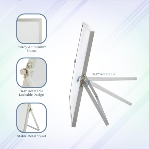 Image of Amazon Brand - Solimo Mini Dry Erase Double-Sided White Board with 360 Rotating Adjustable Stand | Aluminium Frame | Accessories Included | Portable (25 x 25 cm)