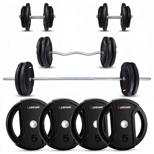 Image of Leeway 20kg Combo | Home Gym Set for Men | Barbell Rod with Plates and Dumbbell Set | Dual Grip Rubber Coated Weight Plates, 3 Ft Curl + 5 Ft Rod (28mm) | Gym Equipments for Home Workout Zym (20kg Set (5X4))