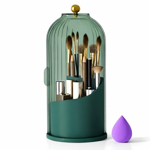 Image of OCEANEVO Cosmetic Makeup Brush Holder with Makeup Sponge, Dustproof Makeup Brush Organiser Stand with 360 Rotatable Lid - 12.5 x 27 Cm - Green - 1 Year Warranty