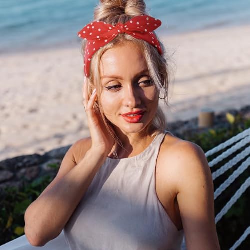 2 Stück Breite Haarreifen Damen mit Polka Dots - Vintage Stirnband Kaninchen Ohren Haar Bands Stoff rutschfest Kopfbedeckungen Elastische Twist Haarreifen Rot & Schwarz