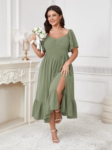 Image of SCOMCHIC Womens Plus Size Wedding Guest Cocktail Dresses Sweetheart Neckline Short Sleeve Smocked Ruffle Slit Maxi Dress